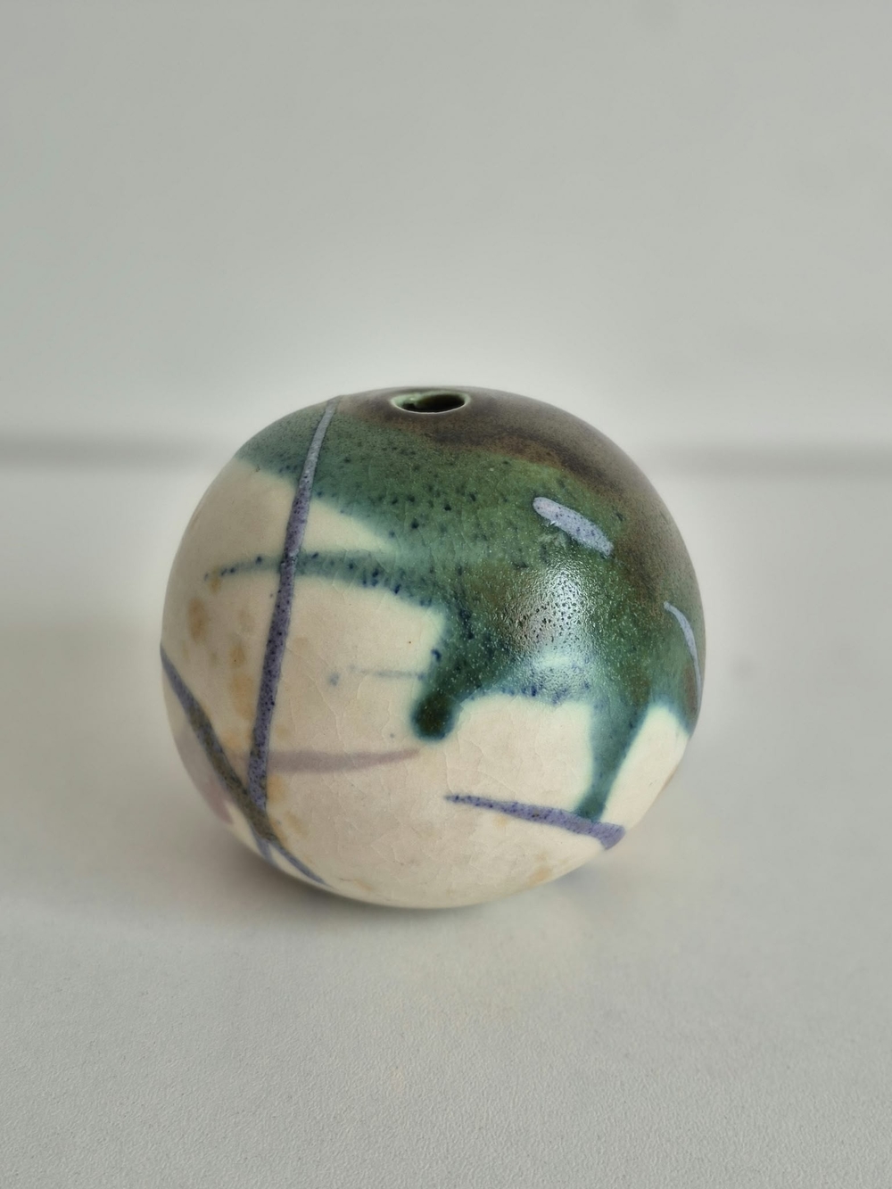 Signed Studio Art Pottery Spherical Bud Vase – Hand-Painted Abstract Glaze